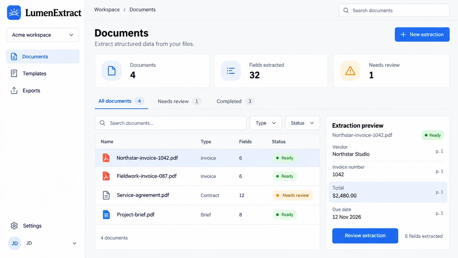 LumenExtract document inbox with extraction statuses, field counts, and an invoice preview showing the vendor, invoice number, total, and due date.